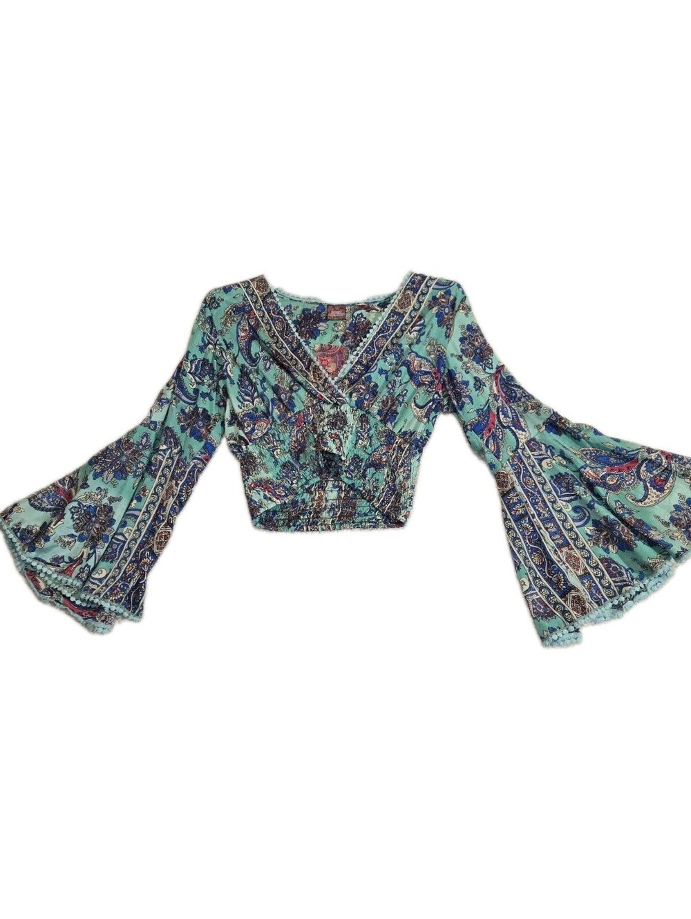 silk crop top nwt womens M Paisley Elastic Waist Bell Sleeve Boho